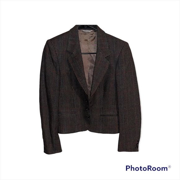 Vintage J.G. Hook Houndstooth Blazer Women’s 8 P Wool Dry Clean Only Brown Plaid - Picture 7 of 12
